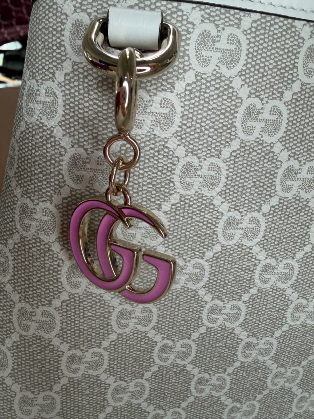 Gucci Pink Enamel Double G Key Charm with Gold-Tone Hardware